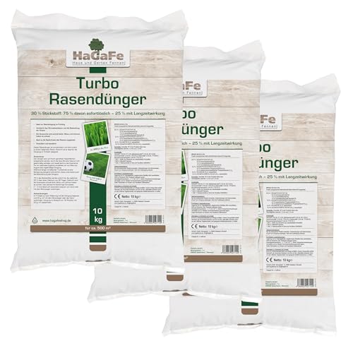 3 x 10kg HaGaFe TURBO Rasendünger mit 30% Stickstoff, Rasen – Dünger mit 120 Tage Langzeitwirkung, Stickstoffdünger, Dünger, sattes, dichtes Grün in einer Woche, 30kg für 1.500m²