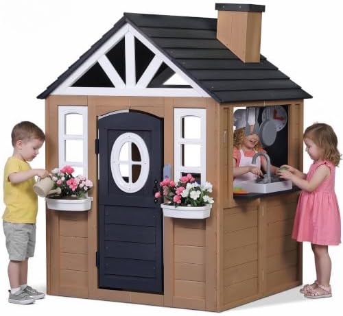 9-in-1 Playhouse for Kids Outdoor, Wooden Play House with Play Kitchen, Snack Bar, Working Doorbell, Toy Phone, Dog Door, Blackboard and Markers & Flower Holders, for Kids 3-8 Y-Cedar Wood