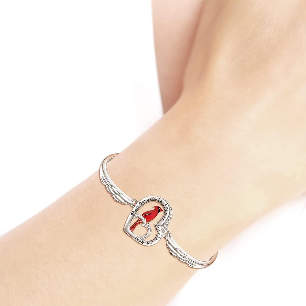 Red Cardinal Bangle Bracelets for Women When Cardinal Appear Your Loved One Is Near Sterling Silver Heart Bird Bracelet Angel Wing memory Sympathy