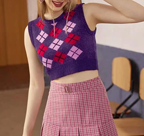 Hyipels Womens Argyle Sweater Vest Girl Y2K Crop Tops Sleeveless Streetwear Preppy Style Round Neck Knit Tank Top #TOP3