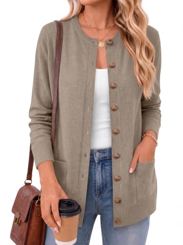 ANRABESS Women's Cardigans 2026 Fall Dressy Casual Long Sleeve Crewneck Button Down Open Front Soft Knit Cardigan Sweaters Tan Large
