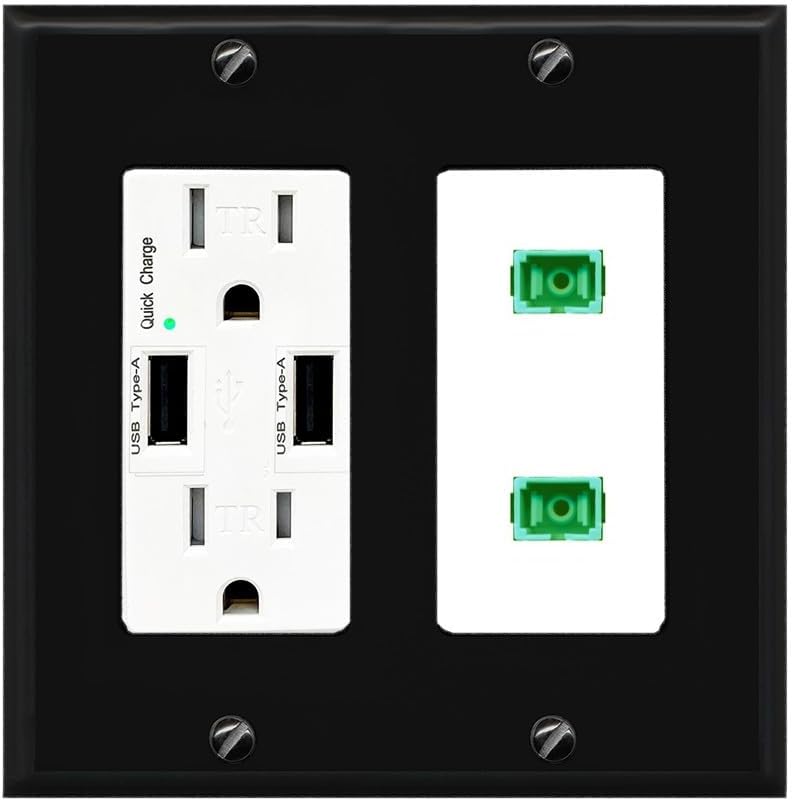 RiteAV 2 Port Fiber Optic Coupler Jack SC Simplex Singlemode APC Wall Plate - USB Charger Outlet [Red/White]