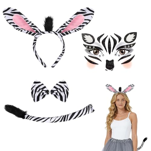 MAXMURYS Fantasia de zebra completa para mulher, conjunto de 4 peças com cabeça, gravata-borboleta, cauda e autocolantes de rosto, acessórios para carnaval, Halloween e festas temáticas