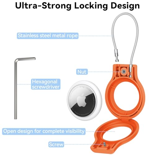 Image of Meliya at Holder for Apple at Secure Holder with Wire Cable, 4 Pack Air Tag Lock Case Keychain Key Ring Key Chain Luggage Tag for Keys, Luggage & More - Orange