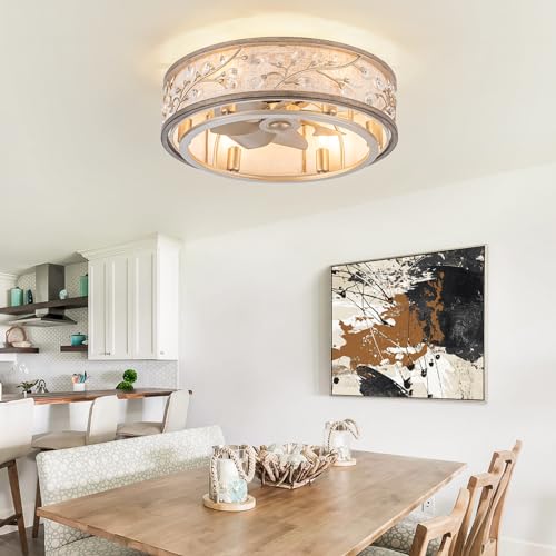 WWM Flush Mount Caged Ceiling Fan with Light and Remote,20\" Crystal Low Profile Ceiling Fans with Reversible Motor, Modern Small Bladeless Fan for Bedroom Kitchen Living Room(6 E12 Bulb Include)