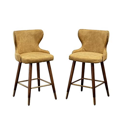Roundhill Furniture Nevis Mid-Century Modern Faux Leather Tufted Nailhead Trim Counter Stool Set Of 2, Yellow #TOP5