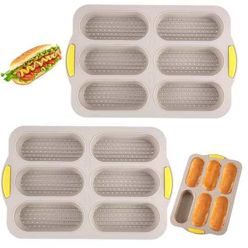 SMELEYOU 2 piezas Bun de perra caliente Pan de 6 cavidades Ninteriables Silicona de silicona Pan de de de con orificios Bodes de hot dog flexibles resistentes al calor molde para hornear