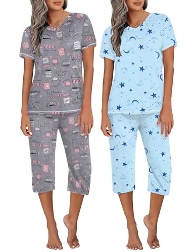 Ekouaer 2 Pack Women's Pajama Sets Short Sleeve Two-Piece Pjs V Neck Tops & Capri Pants Printed Lounge Sets S-3XL