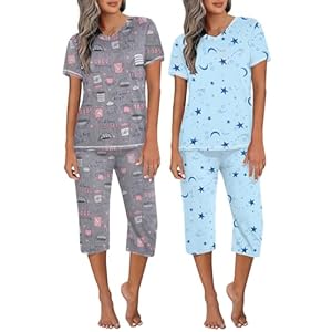 Ekouaer 2 Pack Women’s Sleepwear Capri Pajama Sets Short Sleeve Two-Piece Pjs V Neck Tops & Capri Pants with Pockets S-3XL