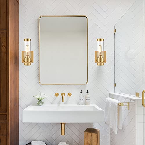 Shawnkey Modern Wall Sconce Brass Gold Wall Light Fixtures Over Mirror With Cylindrical Clear Glass Shade For Bathroom 2 Pack #TOP1
