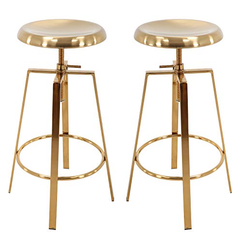 Brage Living 4-Legged Gold Backless Metal Round Seat Adjustable Height Bar Stools with Footrest (Set of 2) (Gold)