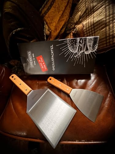 DREIBERG® Grillspachtel Set mit Buchenholz und Edelstahl inkl. 20 STK. Burgerpapier - Grill Pfannenwender für Smash Burger Set ideal als Smashed-Burger-Presse