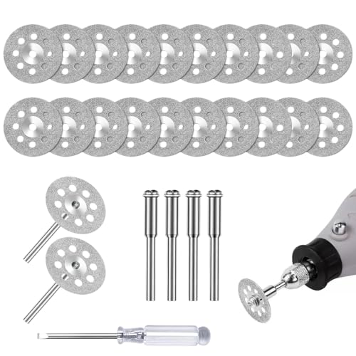 TILONKJ Jeu de Disques Diamantés 22 mm,20 Mini Disques Diamantés pour Outil Rotatif,avec 4 Mandrins et 1 Tournevis Inclus,pour Pierre,Verre,Carrelage,Céramique,Plexiglas et Bijouterie