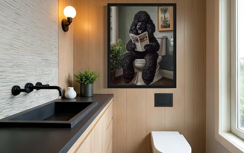 Image of Poodle Black on Toilet Black Framed Wall Art Print Poster, Dog Bathroom Humor Decor Posters Prints for Restroom Home Picture Painting Artwork Gallery 7 (Poodle Black, 10 inchL x 8 inchW, Black Frame)