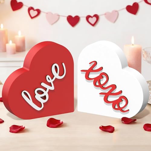 Plato de madera de San Valentín de 2 piezas en forma de corazón para centro de mesa de hogar 4
