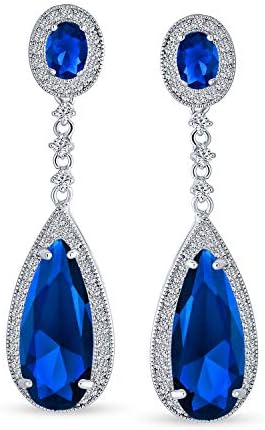 20CT Art Deco Style Simulated Gemstone Jewel Colors AAA Cubic Zirconia Halo Linear Long Pear Solitaire CZ Statement Dangle Teardrop Chandelier Earrings For Women Pageant Bridal Party Silver Plated