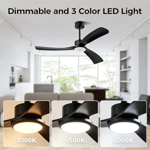 Image of Obabala 52 Inch Ceiling Fan with Light and Remote, 3 black Solid Wood Blades, DC Motor Quiet 35dB, Dimmable LED Reversible for Bedroom Living Room Indoor Outdoor, 6 Speed Timer Downrod