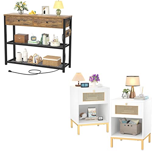 Ecoprsio 32'' Rustic Entryway Table With Outlets And Usb Ports, Console Table With 2 Drawers, & White Nightstands Set Of 2, Rattan Nightstand Bedside Table, Mid-Century Modern Nightstand With Drawer #TOP7