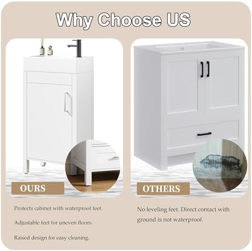 16" Bathroom Vanity with Sink, Freestanding Wooden Single Sink Cabinet, with Soft-Closing Doors & Metal Handle, Modern Vanity Standing Storage for Small Spaces, White — view 2