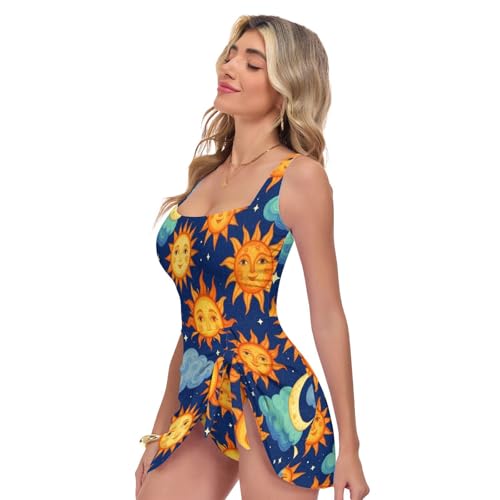 Image of Amooorous Vintage Sun Moon Clouds Square Neck One Piecing Women's Bathing Suit Push Up Slimming Swimwear for Swimming XL