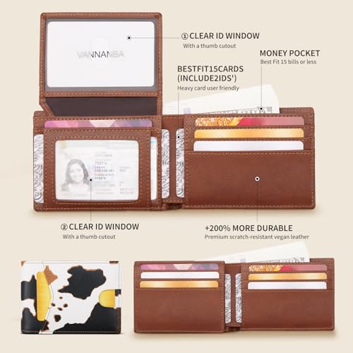 VANNANBA Cow Print Wallet for Men Slim Bifold Credit Card Wallet-Real Leather RFID Blocking Stylish Wallet With 2 ID Windows3