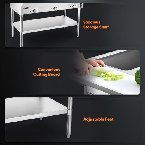 WILPREP 3 Well Commercial Food Warmer, 1500W Stainless Steel Steam Table with 8\" Cutting Board & Storage Shelf, 44\" Electric Steam Table Food Warmer with Knob Control for Catering Buffets Restaurants