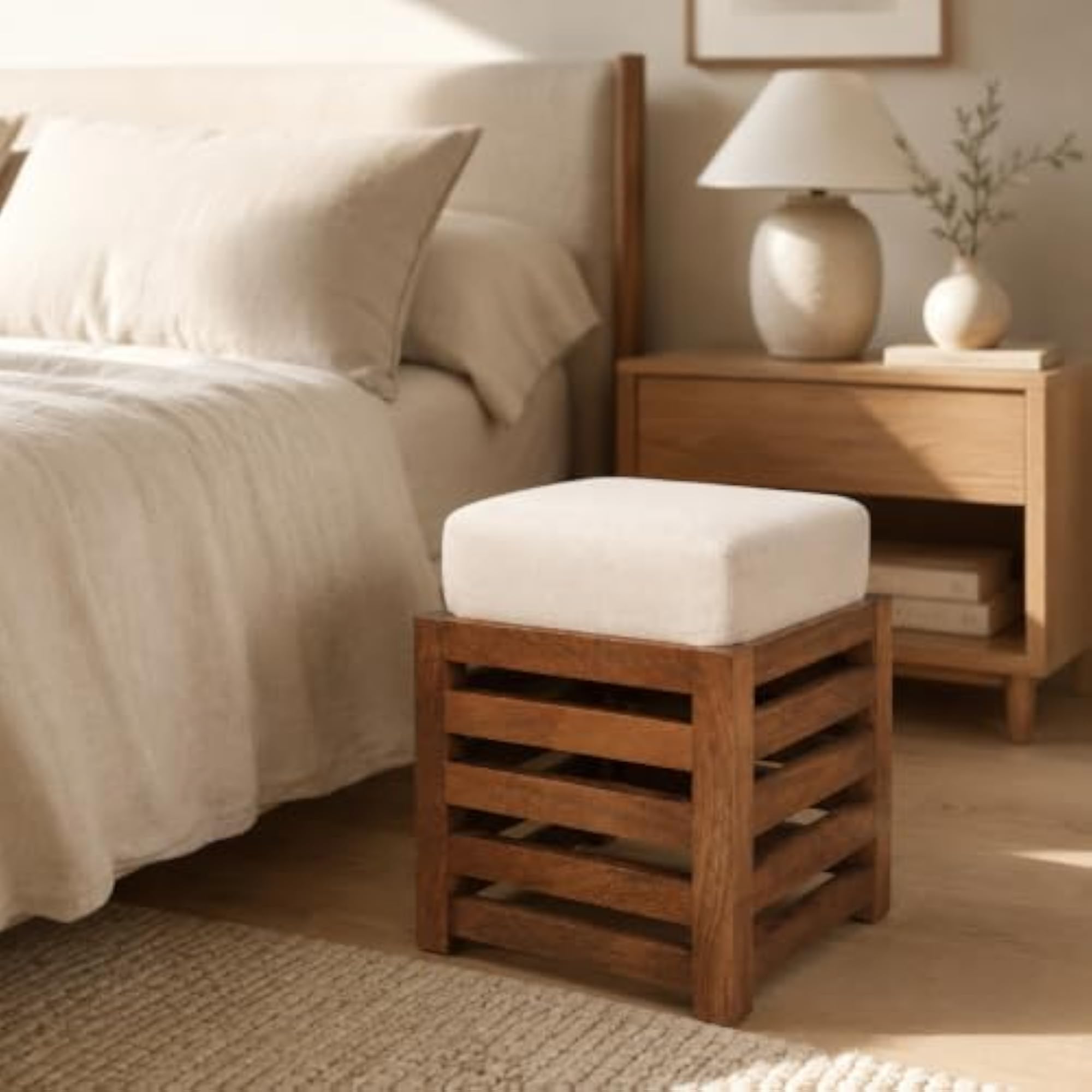 Multipurpose Wooden Puffy with Footrest and Stool