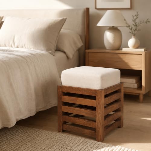 Image of Multipurpose Wooden Puffy with Footrest, Dressing Table, and Solid Wood Stool with Cushion for Living Room, Bedroom, Balcony, etc.