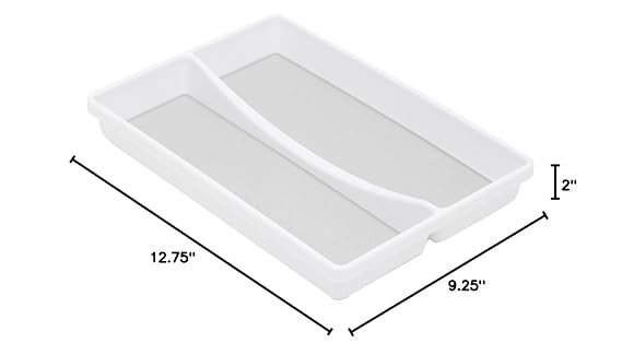 White Multi-Purpose Home Organization Tray with 2 Spacious Compartments - 9x12, Stackable, Rubber-Lined Plastic with Soft Grip Lining and Non-Slip Feet by Home Basics