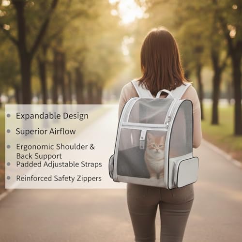 Image of Cat Backpack Carrier, Breathable Cat Carrier Pet Backpack for Kitty Small Dog Up to 15Lbs, Transparent & Foldable Pet Carrier for Travel Hiking (Expendable Grey)