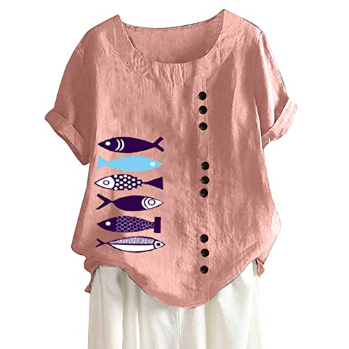 Lastesso Cotton Linen Plus Size Shirts For Women Summer Casual Round Neck Printed Blouses Short Sleeve Loose Fit Basic Tops #TOP2