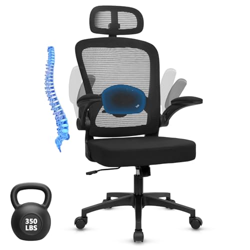 Image of KLASIKA Desk Chairs with Wheels, Ergonomic Mesh Back Home Office Chair with Headrest, Adjustable Lumbar Support Swivel Rolling Computer Chairs with Flip Up Armrests for Conference Meeting Room, Black
