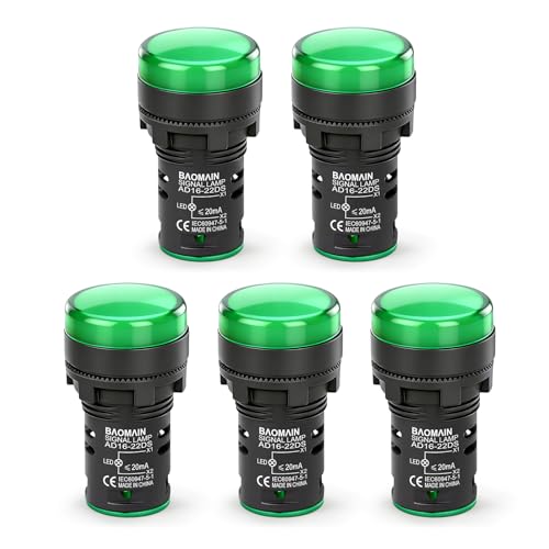 Image of BAOMAIN 22mm LED Industrial Indicator Light,110V AC Pilot Signal Lamp for Industrial Machinery Control Circuits,7 /8 inch Panel Mount, Screw Terminal,Green,5-Pack
