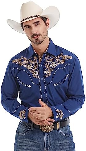 EL PIONERO Men's Western Shirt Long Sleeve Embroidered Cowboy Casual Snap Button Shirt