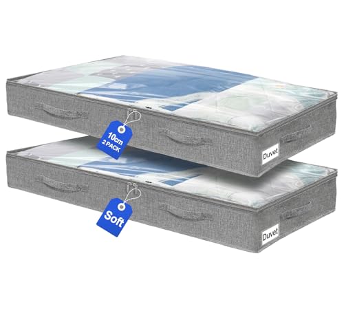 10 cm Hohe 50L Unterbett-Aufbewahrungstaschen Flache Unterbettboxen aus Leinen mit Sichtfenster 2-Wege-Reißverschluss und je 4 Robusten Griffen für Kleidung Bettwäsche und Decken Grau 2er-Set