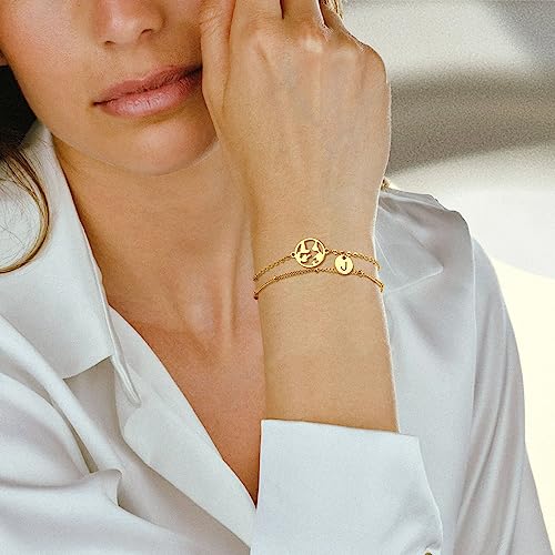Initial Bracelets for Women, Dainty Gold Bracelets with Map Charm Adjustable Layered Initial Bracelet with Map for Travel Lover/Friend/Daughter/Sister Valentine Gifts for Her/Women3