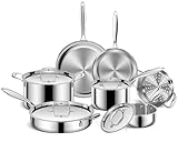 COOKWARE SET INCLUDES: The 3 Ply 11 Piece Stainless Steel Cooking Set comes with 304 stainless steel lids with wide rims that fit both the pots and the pans. It includes: 1.5-Quart saucepan with lid, 3-Quart saucepan with lid, 3.5-Quart saute pan wit...
