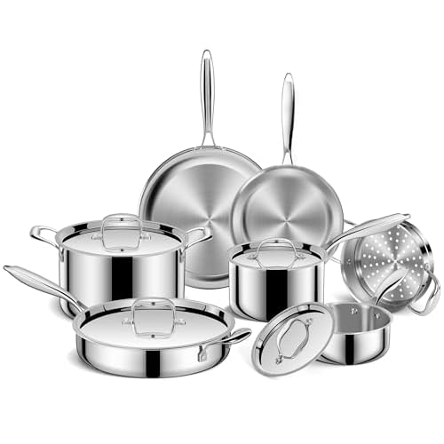 EWFEN Pots and Pans Set, 3 Ply 11 Piece Stainless Steel Cookware Set, Oven Dishwasher Safe | Induction Compatible Frying Pans, Saucepans, Saute Pan & Stock Pot, PFOA Free Kitchen Skillet