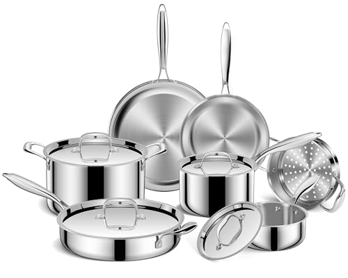 EWFEN Pots and Pans Set, 3 Ply 11 Piece Stainless Steel Cookware Set, Oven Dishwasher Safe | Induction Compatible Frying Pans, Saucepans, Saute Pan & Stock Pot, PFOA Free Kitchen Skillet by EWFEN - Used condition - US$89.17