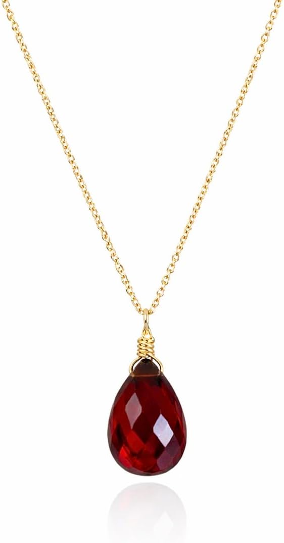14K Solid Yellow Gold Red Garnet Teardrop Necklace for Women, Natural Gemstone January Birthstone Minimalist Classic Solitaire Pear Shape, 10mm