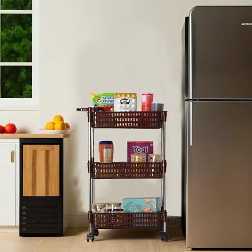 Image of Kuber Industries Storage Rack with Wheels | 3-Shelf Storage Organizer Rack | Multipurpose Storage Trolley Rack for Kitchen-Home-Office | Revolving Vegetable Storage Trolley | Brown