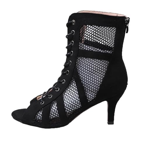 Chaussures de Danse Heels Dance Shoes Bootie Sandales à Talons 7CM/10CM | chaussures de danse femme Hauts Escarpins Noir Mesh Stiletto Talons Hauts Sandales à Lacets avec Bouche de Poisson