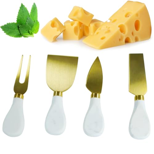HSHQING Marble Cheese Knife Set of 4 Gold and White Charcuterie Accessories, Heavy Marble Handle Butter Spatula Sandwich Cream Knives Cheese Spreader Cutter,Housewarming Gift