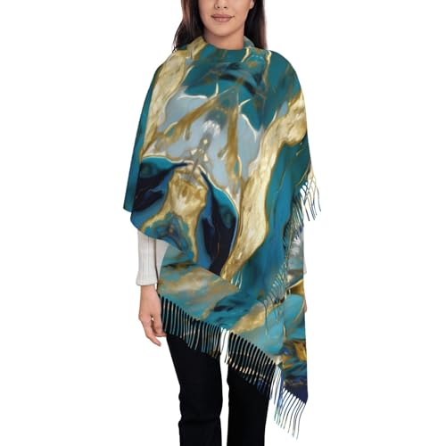 Azurite Teal and Foil Gold Oil Marble Pattern Print Imitation cashmere long velvet tassel scarf,Winter keep Warm Shawl Wrap.