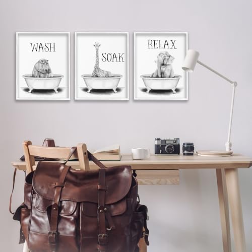 Image of Jungle Animals Bathroom Signage, 16 x 20 Inch Framed Giclee Print Set | Stupell Industries . By Rachel Nieman . Ready to hang . Great for bath and laundry . Made in USA