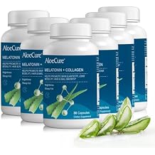 AloeCure Natural Melatonin + Collagen Natural Sleep Aid Supplement for Restful Nights - Collagen Complex for Joint Strength, Skin Elasticity, Hair & Nail Growth, 30 Capsules x 6 Bottles