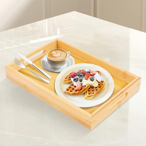 DJAPWPX-Bamboo Serving Tray with Handles Modern Serving Trays Platter Solid Bamboo Rectangle Decor Platter Ergonomic Bamboo Breakfast Tray for Breakfast in Bed (Small)