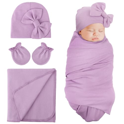 Image of DRESHOW BQUBO Newborn Receiving Blanket Bow Hat Gloves Set Cotton Warm Baby Swaddle Blanket Wrap Baby Sleep Sack Shower Gift