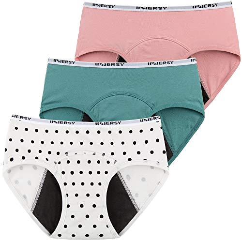 INNERSY Period Pants for Teenage Girls Cotton Leak Proof Menstrual Underwear Pack of 3 (8-10 Years Dots/Lake Green/Pink)