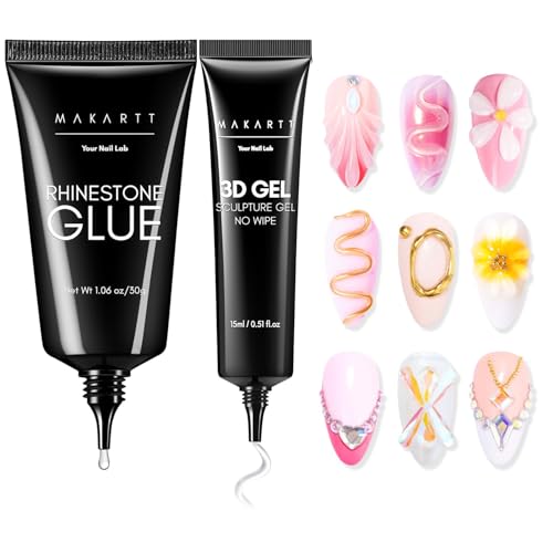 Makartt Rhinestone Glue for Nails with 3D Gel Nail Art Kit DIY Home Use